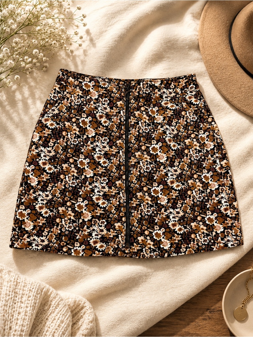 NWOT Arizona Jean Co. Corduroy Floral Zip-Front Mini Skirt - Size 5